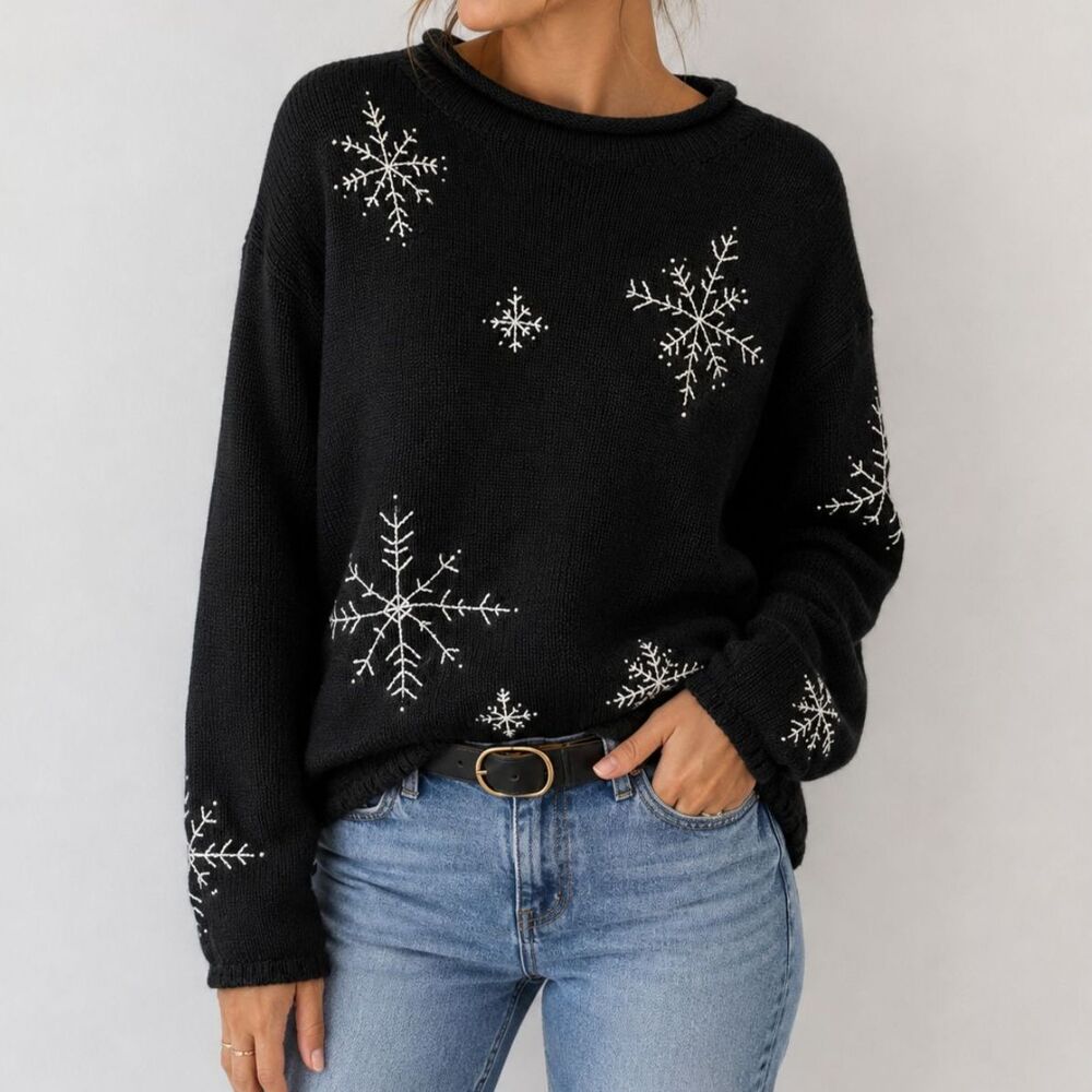 Vintage 90s Villager Sport Liz Claiborne Black Snowflake Embroidered Sweater M